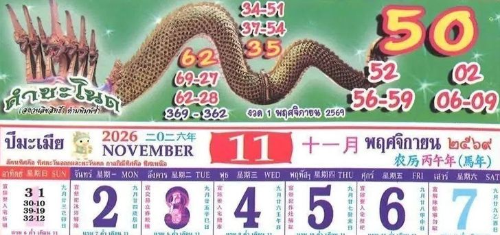 เลขเด็ดปฏิทินคำชะโนด งวด 1/11/69 เปิดชุดใหญ่ 19 รายการ เลขเด่น 62-35-50 พร้อมเลข 3 ตัว 369-362